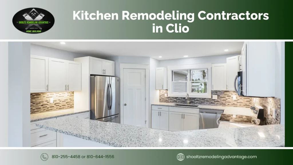 Modern white kitchen with granite countertops, stainless steel appliances, and tile backsplash, featured in an ad for kitchen remodeling contractors in Clio